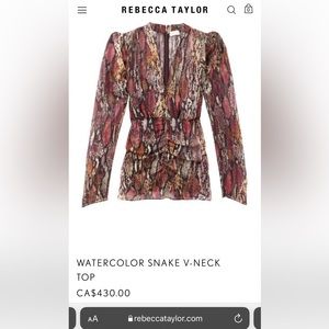 Rebecca Taylor Watercolour Snake V-Neck Top Blouse Size 4